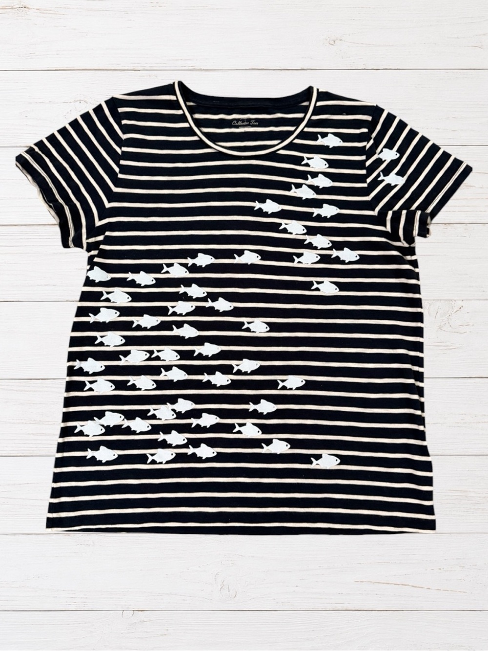 J.Crew Fishy Collector Tee XL Navy‎ Stripe Fish Print Cotton Coastal Top